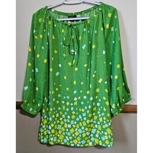 Bob Mackie Wearable Art Pullover Top 3/4 Sleeves Green Yellow Geometric Size M